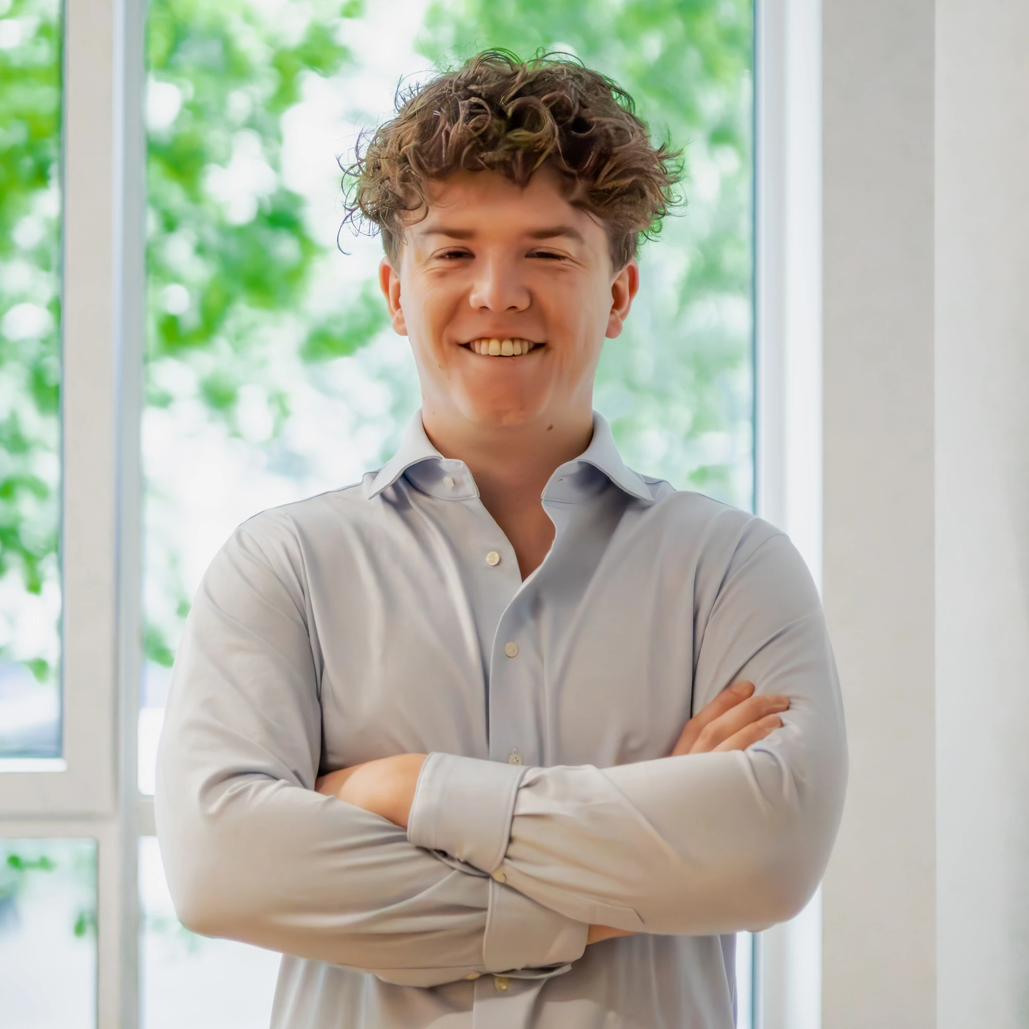 Ivo de Data Engineer van Newbit staat glimlachend met gekruiste armen voor een raam met groen uitzicht