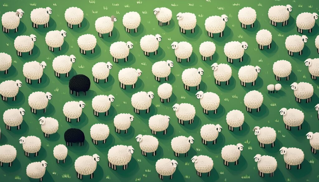 Groen veld vol witte schapen met een paar zwarte schapen ertussen, van bovenaf gezien