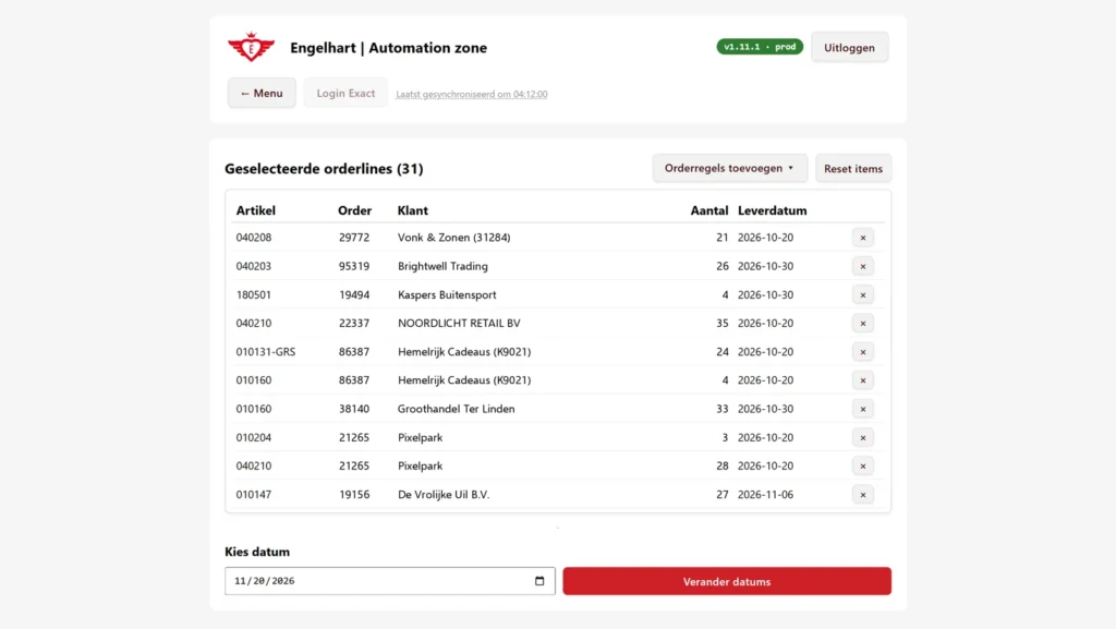 Scherm uit de app van Engelhart met geselecteerde orderregels, klanten en leverdatums, en een knop om de datum te veranderen