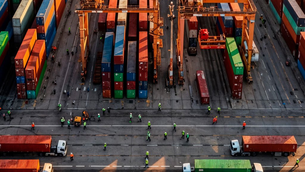 Luchtfoto van een containerterminal met gestapelde containers, kranen en vrachtwagens
