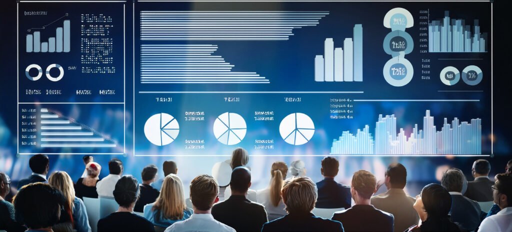 Publiek kijkt naar een groot scherm met dashboards, staafdiagrammen en cirkeldiagrammen